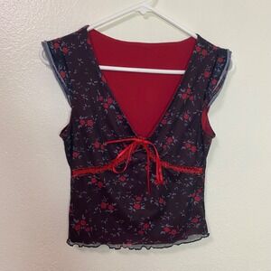 ROMWE Floral Y2K Fairy Mesh Rose Cap Sleeve V Neck Tie Front Womens Size Small